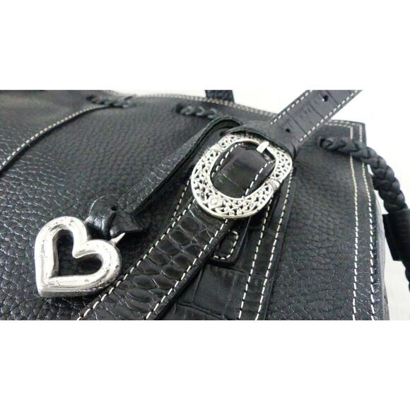 BRIGHTON Black Pebble Leather Shoulder Bag Tote Filigree Buckle Satchel SW Liner - Picture 9 of 16